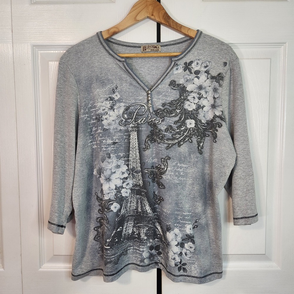 Blue Canyon Woman Gray Paris Eiffel Tower Rhinestone Floral 3/4 Sleeve Top‎ 1X
